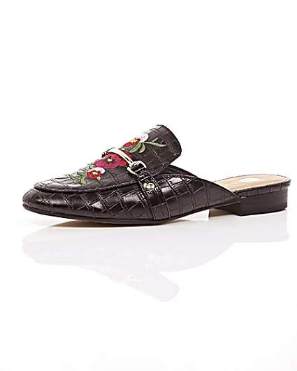 360 degree animation of product Black embroidered floral backless loafers frame-23