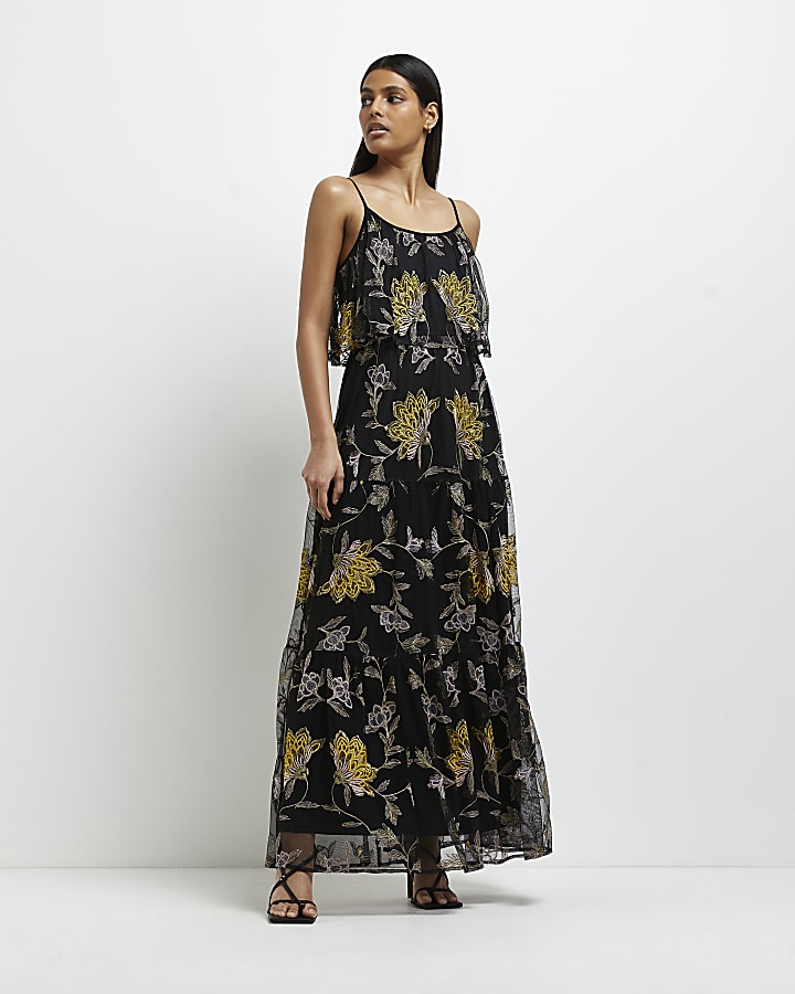 Black embroidered floral maxi dress