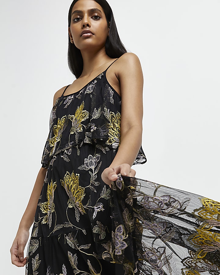 Black embroidered floral maxi dress