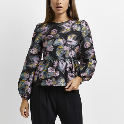 Black embroidered floral peplum top | River Island