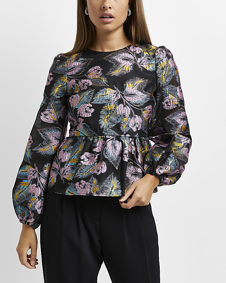 Black embroidered floral peplum top