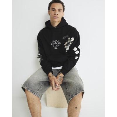 Black Embroidered Floral Snake Print Hoodie