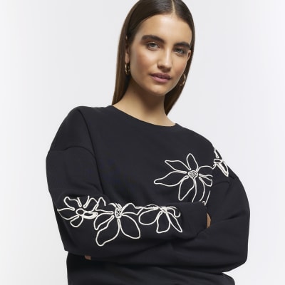 Black embroidered floral sweatshirt River Island