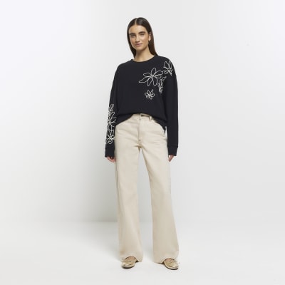 Black embroidered floral sweatshirt River Island