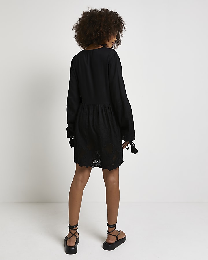 Black embroidered lace smock mini dress