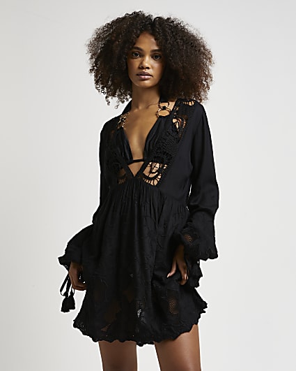 Black embroidered lace smock mini dress