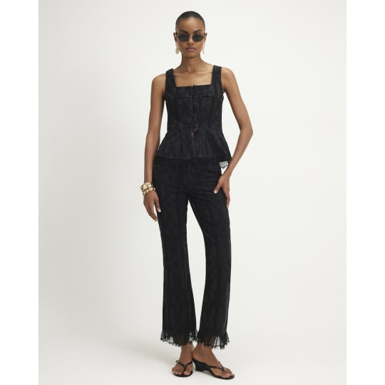 River Island Black Embroidered Lace Trim Kick Flare Jeans