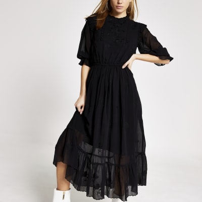 black embroidered midi dress