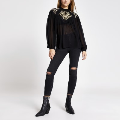 black sheer embroidered top