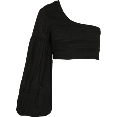 Black embroidered one shoulder beach top