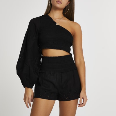 Black embroidered one shoulder beach top