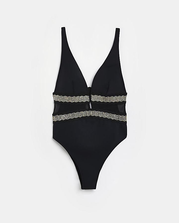 Black embroidered plunge swimsuit
