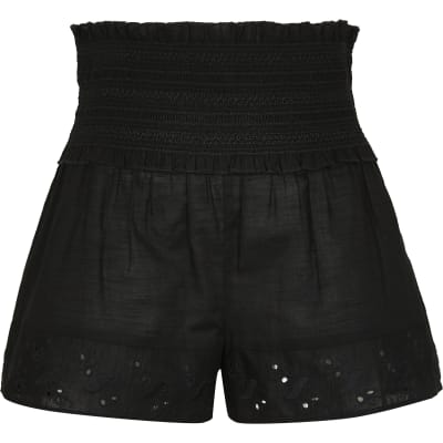 Black embroidered shirred beach shorts