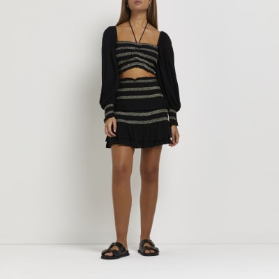 Black embroidered shirred cropped top