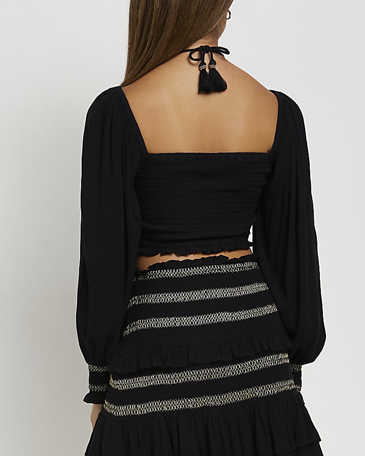 Black embroidered shirred cropped top