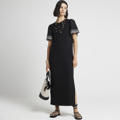 River Island Womens Black Embroidered Sleeve T-Shirt Midi Dress