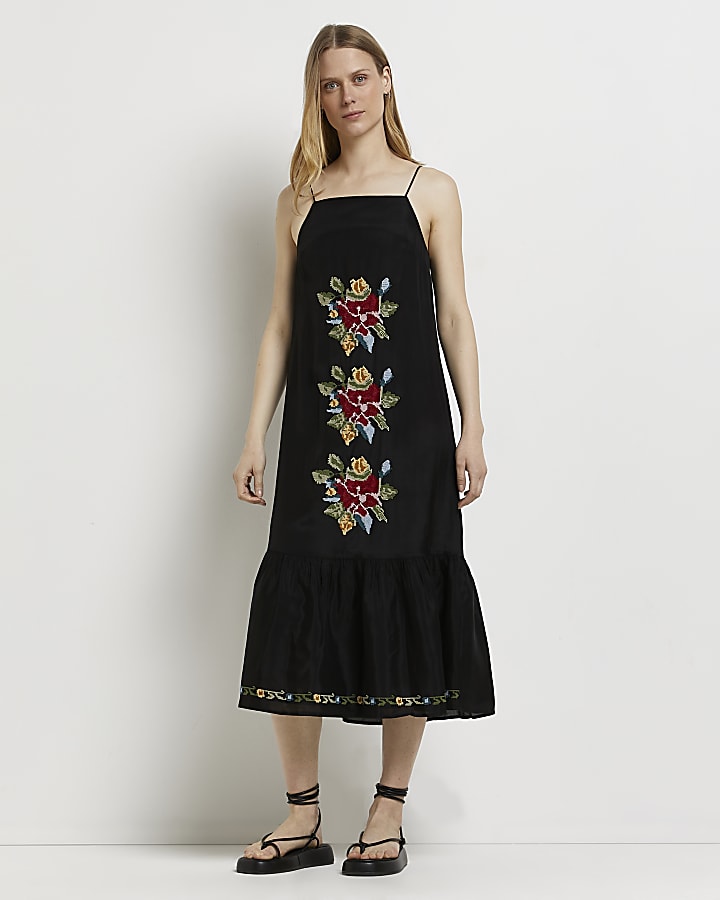 Black embroidered slip midi dress