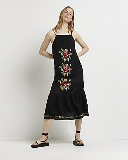 Black embroidered slip midi dress