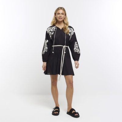 Black embroidered smock mini dress | River Island
