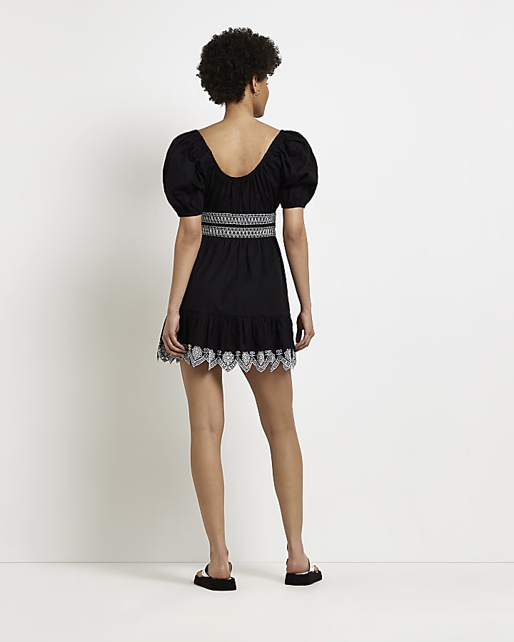 Black embroidered smock mini dress
