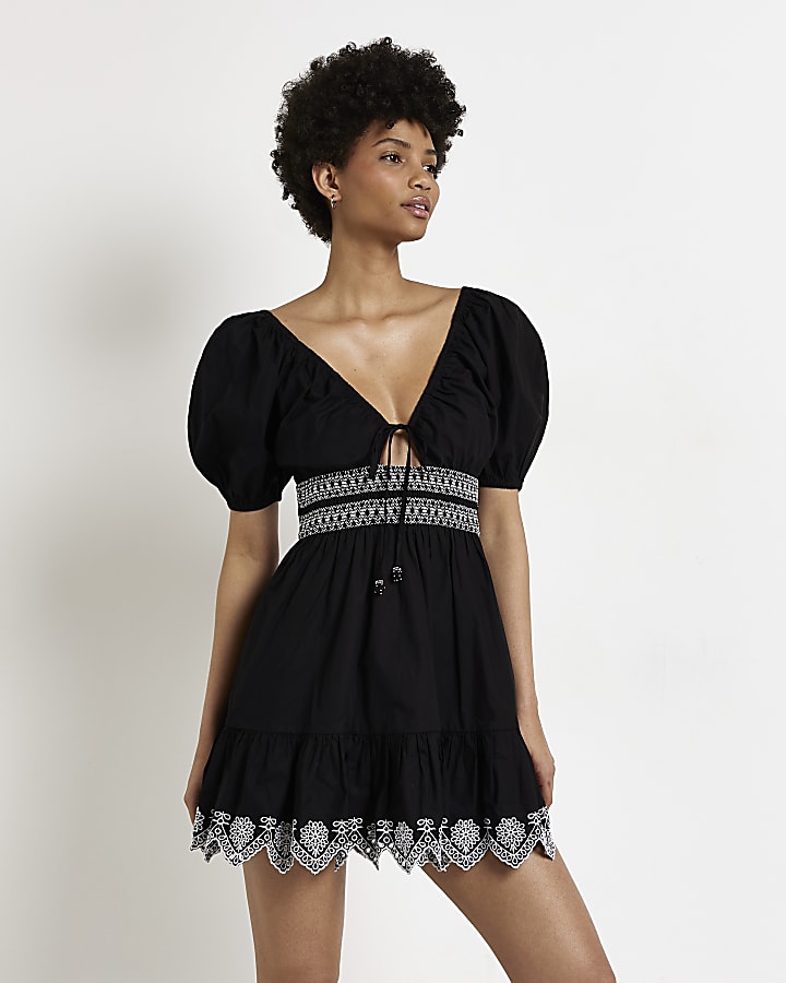 Black embroidered smock mini dress