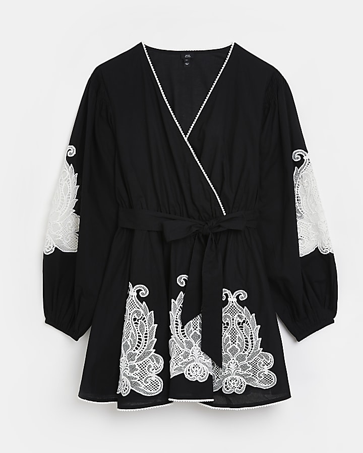 Black embroidered wrap mini dress