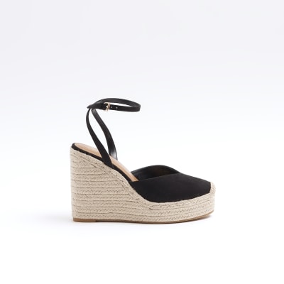 River Island Womens Black Espadrille Heeled Wedge Sandals