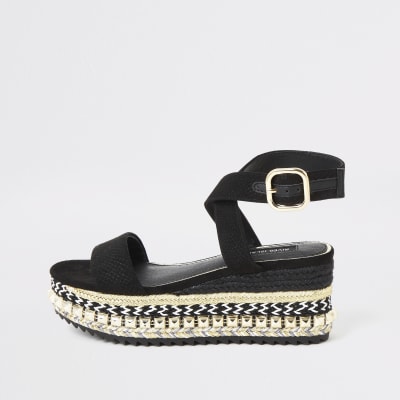 Black espadrille wedge flatform sandals 