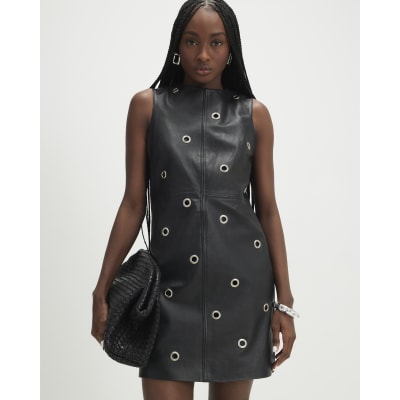 Black Eyelet Stud Leather Dress | River Island