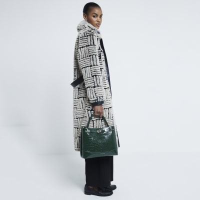 Black Faux Fur Abstract Button Down Coat