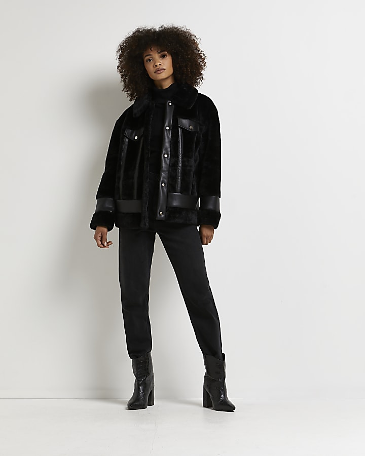 Black faux fur aviator coat