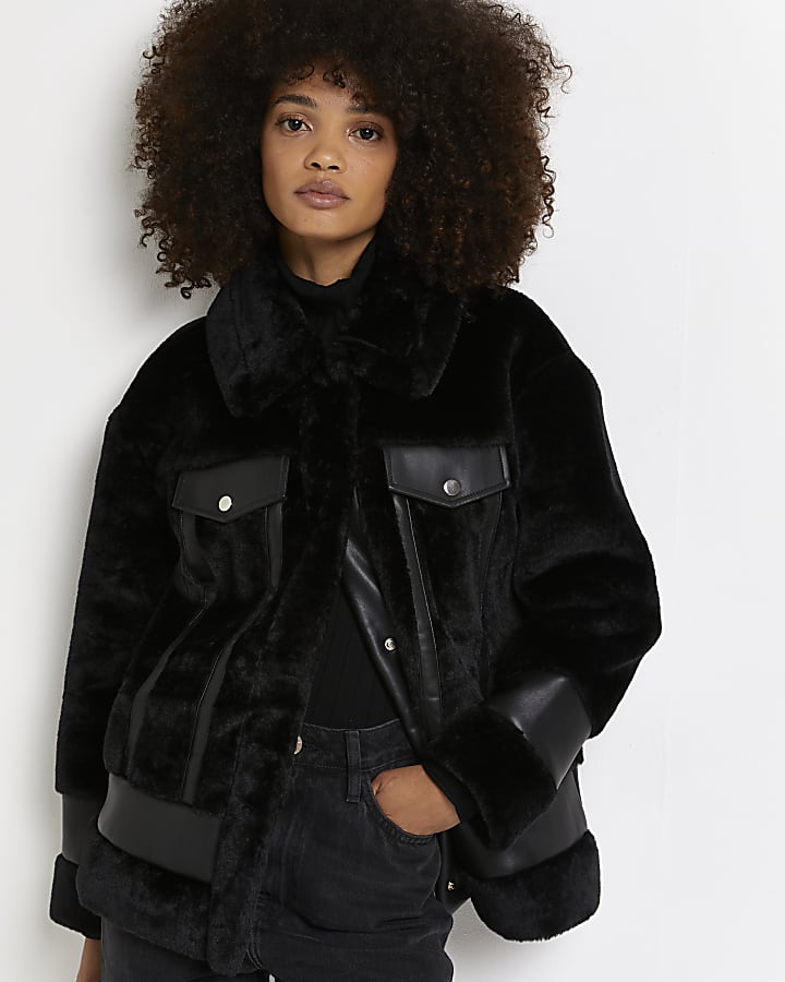 Black faux fur aviator coat