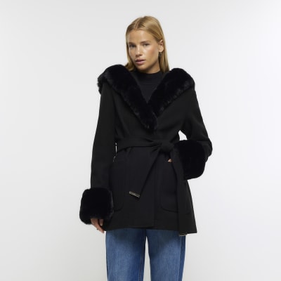 River Island belted faux fur short jacket in black