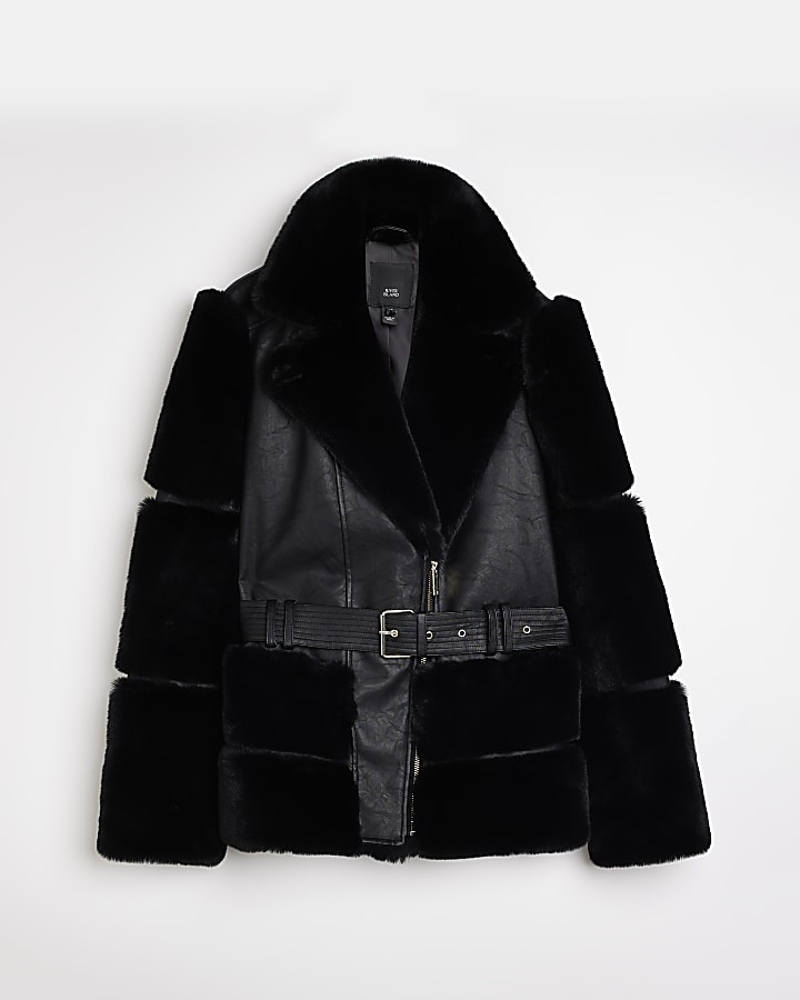Black faux fur biker jacket