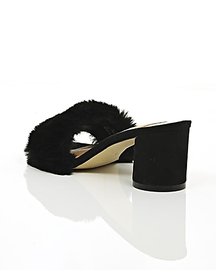 360 degree animation of product Black faux fur block heel mules frame-18