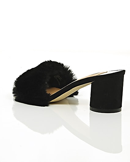 360 degree animation of product Black faux fur block heel mules frame-19