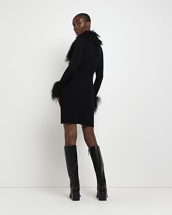 Black faux fur bodycon cardigan mini dress
