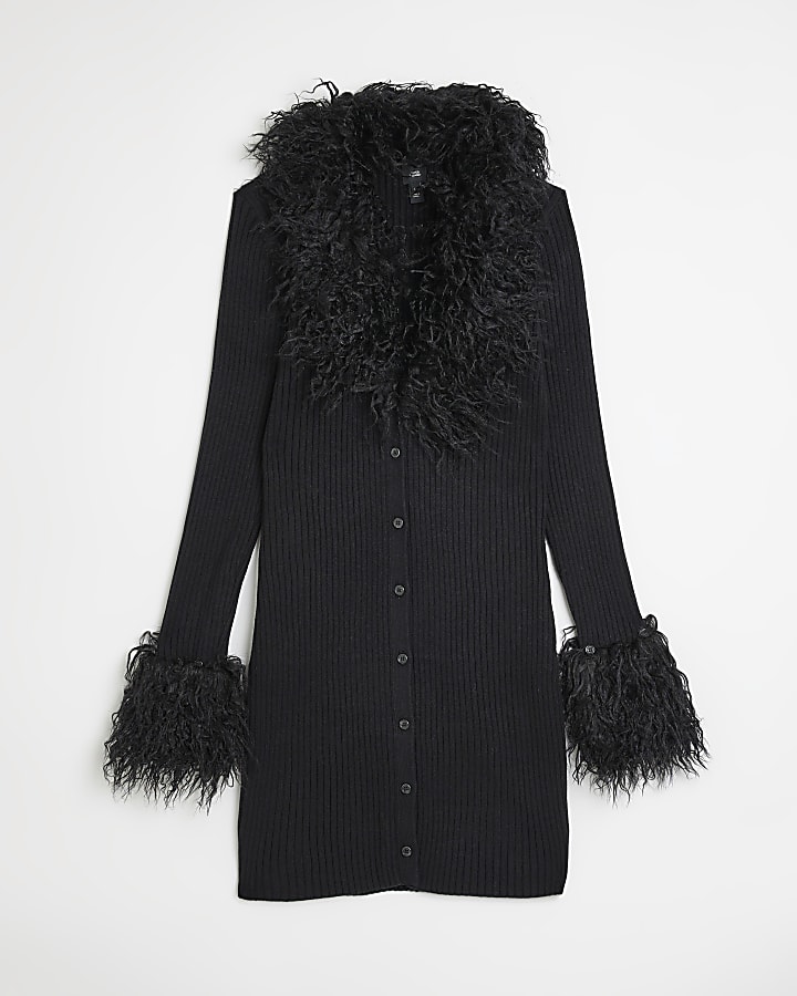 Black faux fur bodycon cardigan mini dress