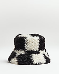 Black faux fur check bucket hat