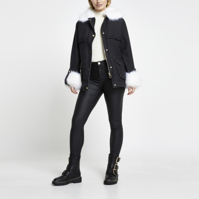 Black faux fur collar and cuff denim jacket | River Island