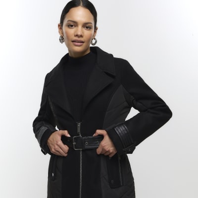 Black faux fur collar belted jacket