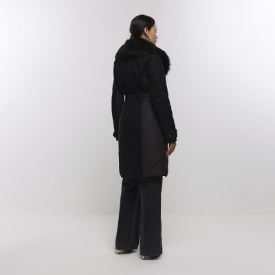 Black faux fur collar belted jacket