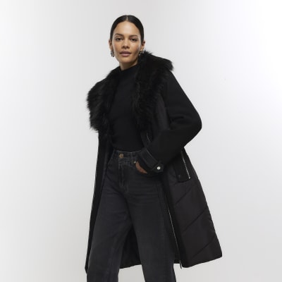 Black Faux Fur Collar Coat - Black Belted Coat - Longline Coat - Lulus