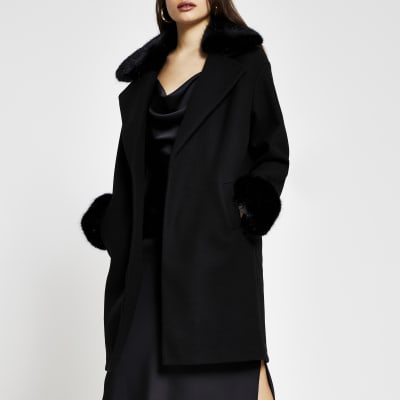 Black faux fur collar coat | River Island