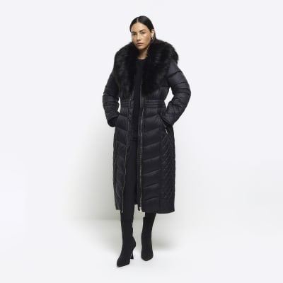 Black faux fur collar padded coat | River Island