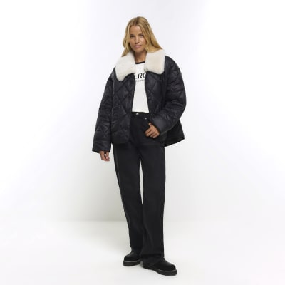 Black faux fur collar padded jacket hotsell