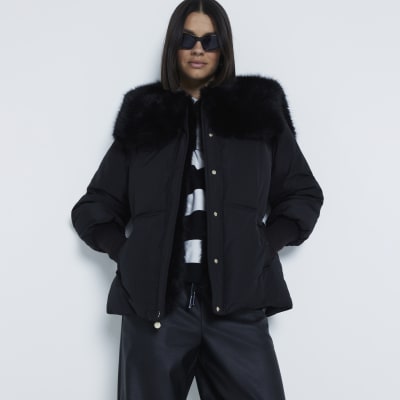 Black Faux Fur Collar Padded Jacket River Island