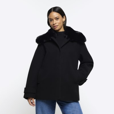 Black faux fur collar swing coat River Island