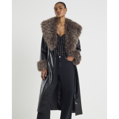 Black Faux Fur Collar Trench Coat River Island