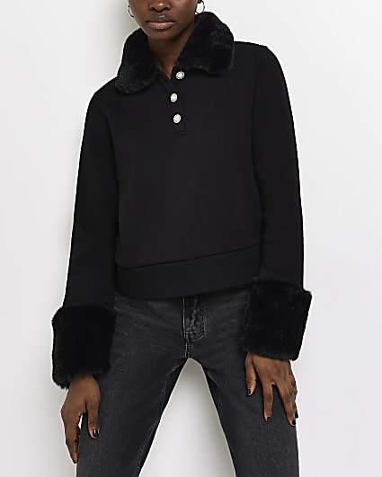 Black faux fur collared sweatshirt